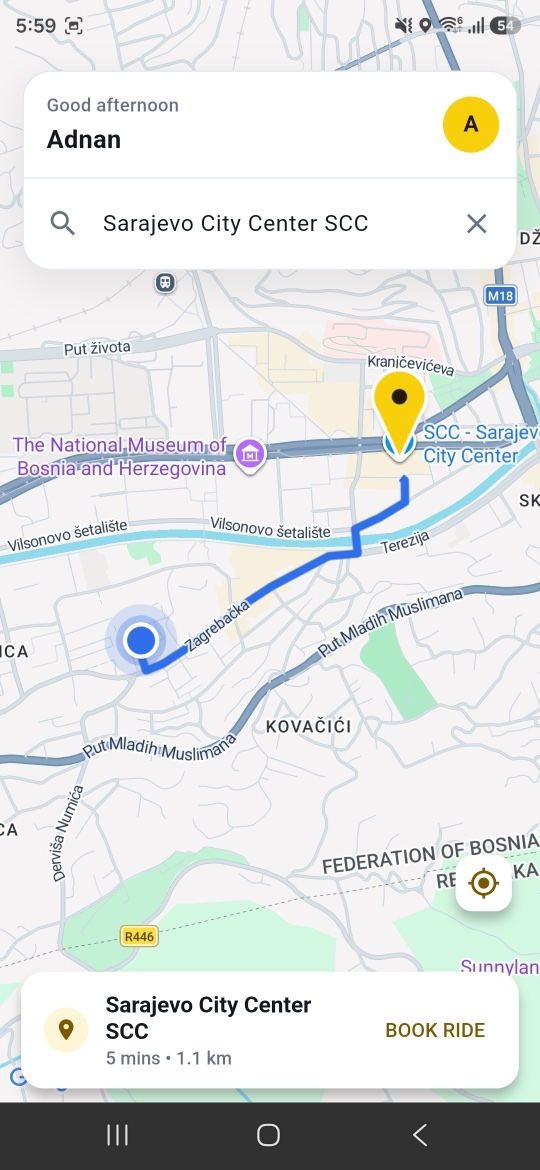 Hej Taxi app showing a route to Sarajevo City Center with travel time and distance before booking