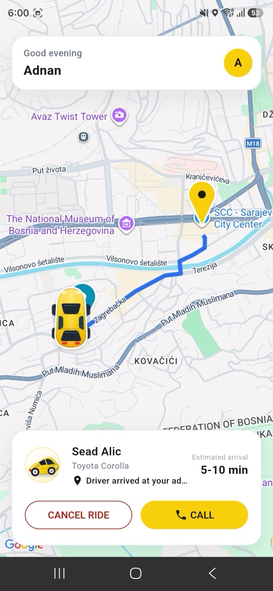 Hej Taxi app showing the assigned driver, their car, live position on the map and estimated arrival